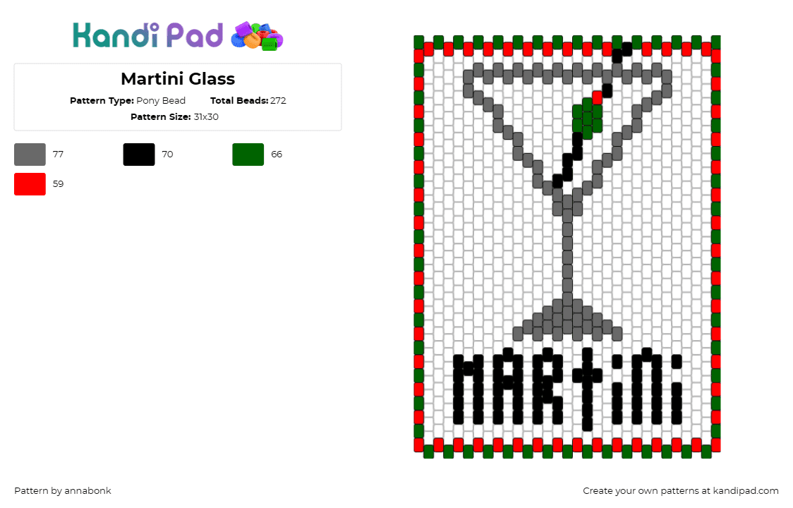 Martini Glass - Pony Bead Pattern by annabonk on Kandi Pad - martini,glass,sign,text,olive,alcohol,drink,white,red,gray