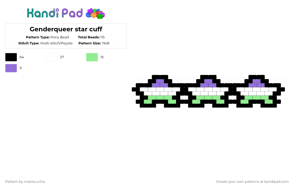 Genderqueer star cuff - Pony Bead Pattern by m4x1scur1os on Kandi Pad - black,purple,teal