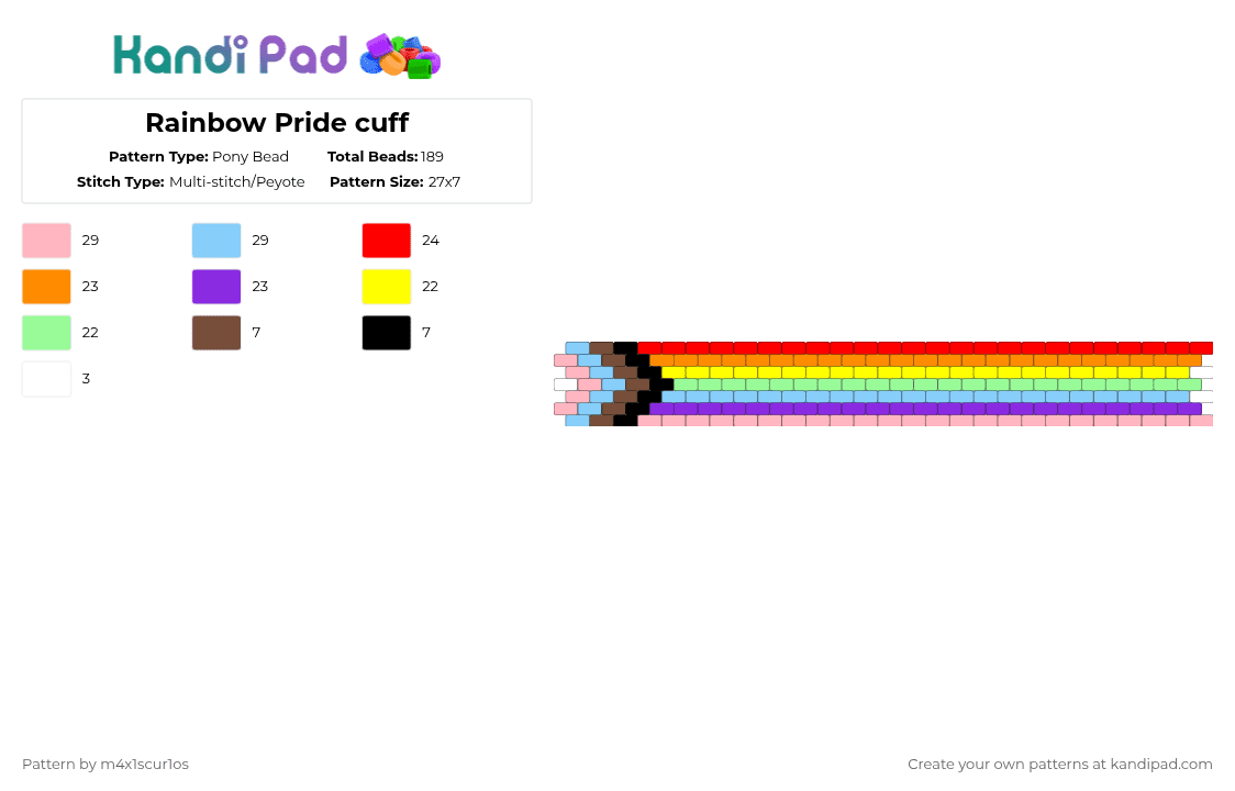 Rainbow Pride cuff - Pony Bead Pattern by m4x1scur1os on Kandi Pad - light blue,orange,teal,colorful