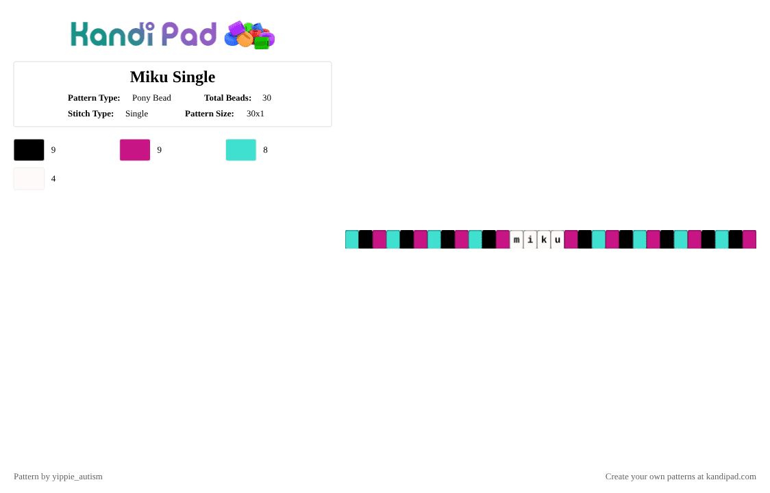 Miku Single - Pony Bead Pattern by yippie_autism on Kandi Pad - light blue,pink,miku,vocaloid