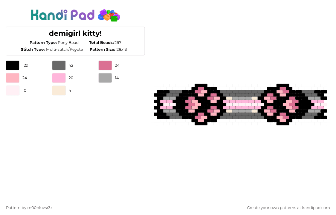 demigirl kitty! - Pony Bead Pattern by dead_p3rs0n on Kandi Pad - pink,gray,demigirl,pride,cat,paw,cuff