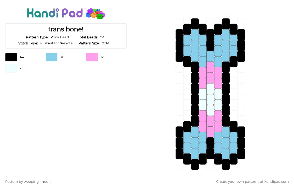 trans bone! - Pony Bead Pattern by dead_p3rs0n on Kandi Pad - light blue,pink,flat charm,bone,trans,pride,baby blue,light pink,white