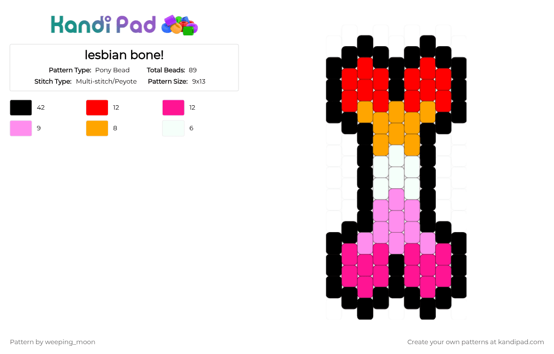 lesbian bone! - Pony Bead Pattern by dead_p3rs0n on Kandi Pad - pink,lesbian,bone,red,orange,white,hot pink,flat stitch