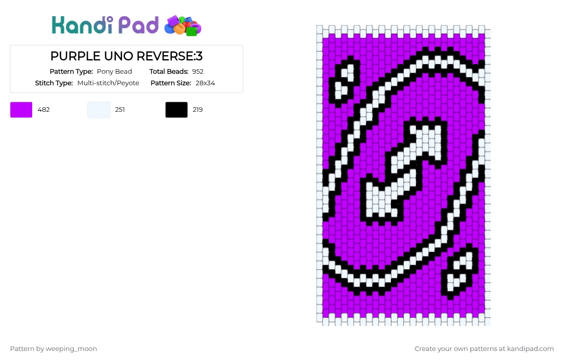 PURPLE UNO REVERSE:3 - Pony Bead Pattern by dead_p3rs0n on Kandi Pad - white,purple,black,uno reverse,card,poster,multi,charm