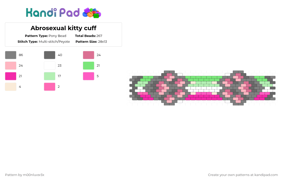 Abrosexual kitty cuff - Pony Bead Pattern by light_fury on Kandi Pad - abrosexual, flag, gray, green, light green, paw, pride, rave, white