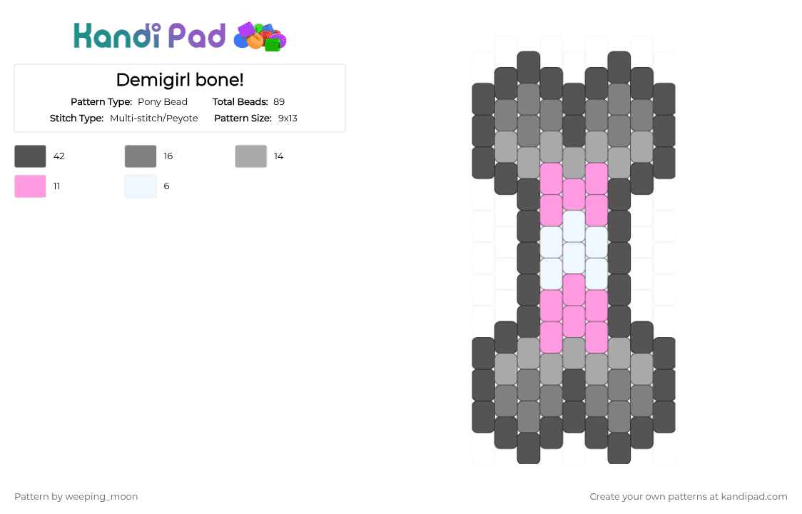 Demigirl bone! - Pony Bead Pattern by dead_p3rs0n on Kandi Pad - gray,bone,flat charm,light grey,dark grey,demigirl,white,pink