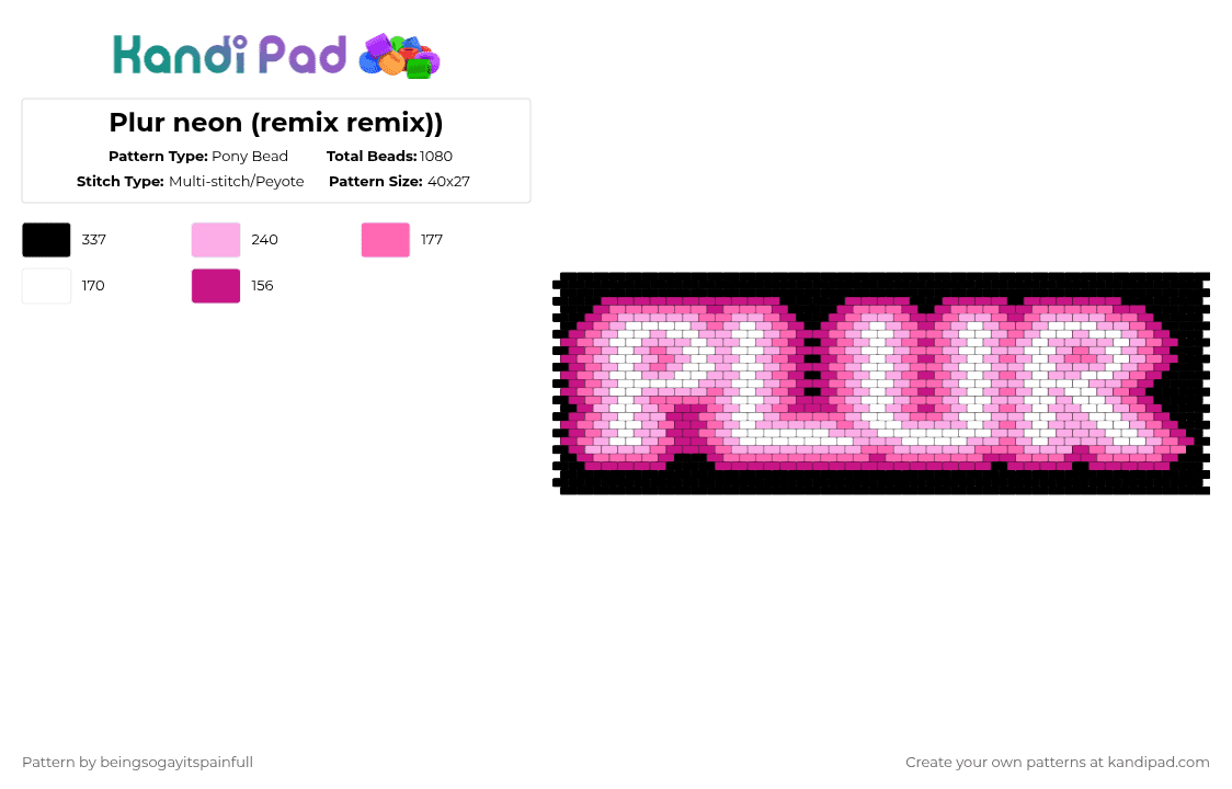 Plur neon (remix remix)) - Pony Bead Pattern by weeping_moon on Kandi Pad - pink,neon,plur,purple,black,dark purple,light purple,sign,white