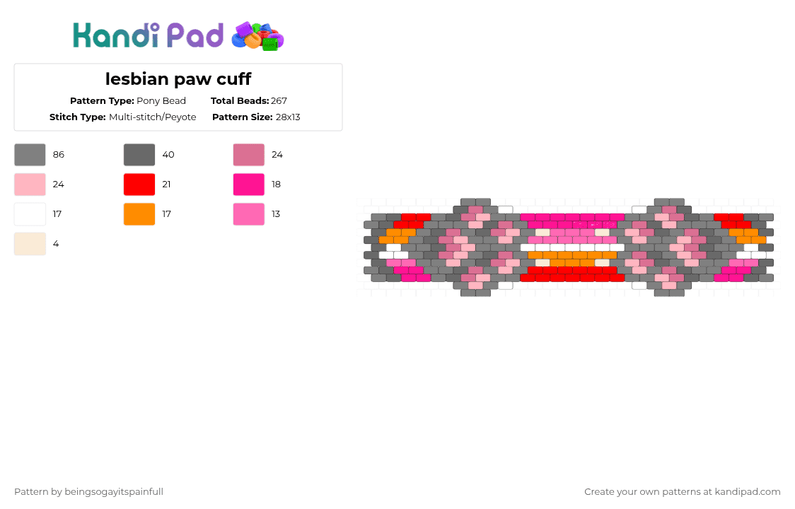 lesbian paw cuff - Pony Bead Pattern by dead_p3rs0n on Kandi Pad - gray,pink,furry,cat,rave,pride,lesbian,red,orange,white