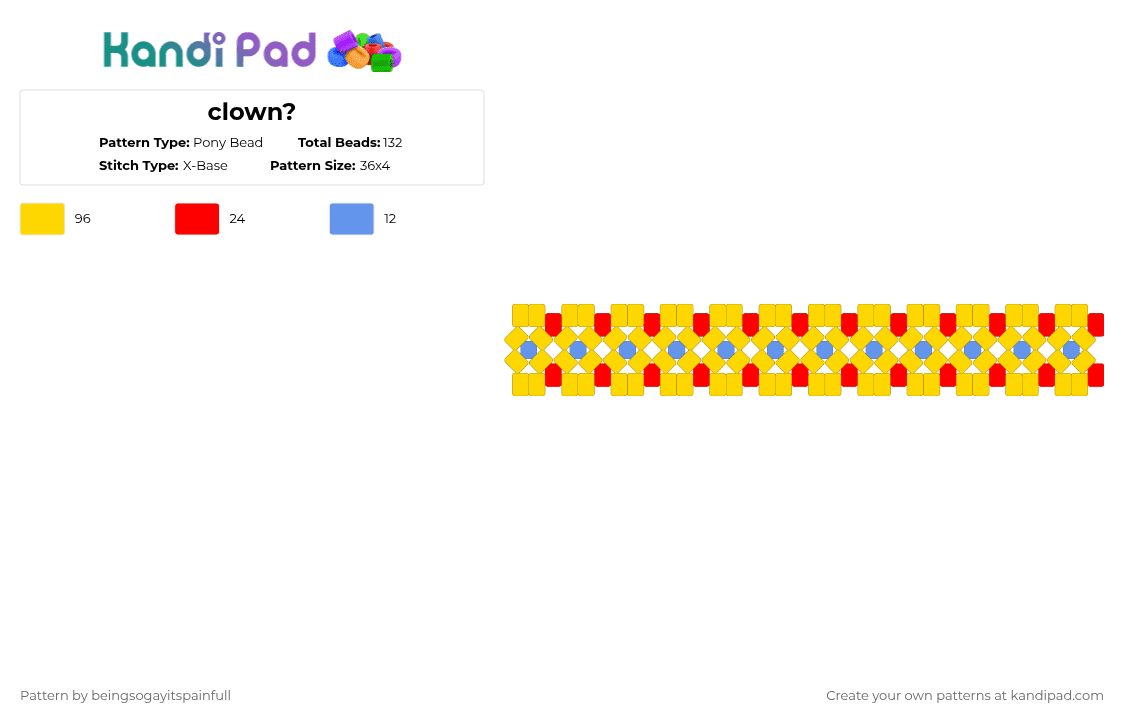 clown? - Pony Bead Pattern by weeping_moon on Kandi Pad - yellow,red,blue,clown,cuff,xbase,pomni,tadc