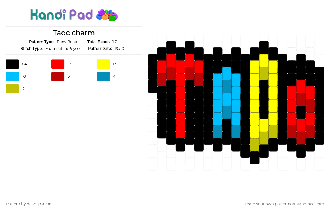 Tadc charm - Pony Bead Pattern by dead_p3rs0n on Kandi Pad - black,red,yellow,blue,tadc