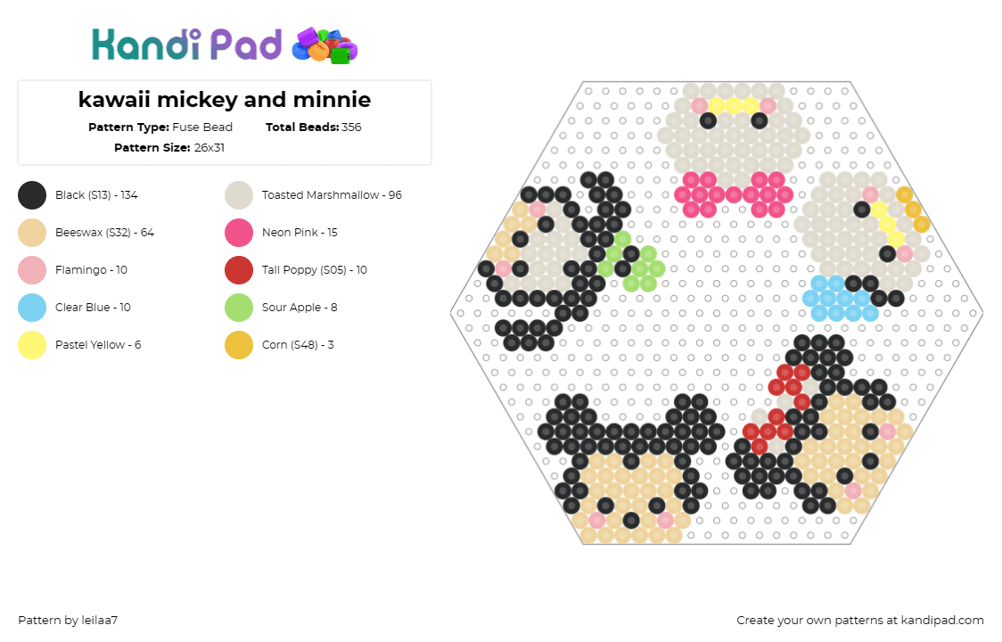 kawaii mickey and minnie - Fuse Bead Pattern by leilaa7 on Kandi Pad - mickey,minnie mouse,goofy,donald duck,disney,hexagon,characters,classic,cartoon,