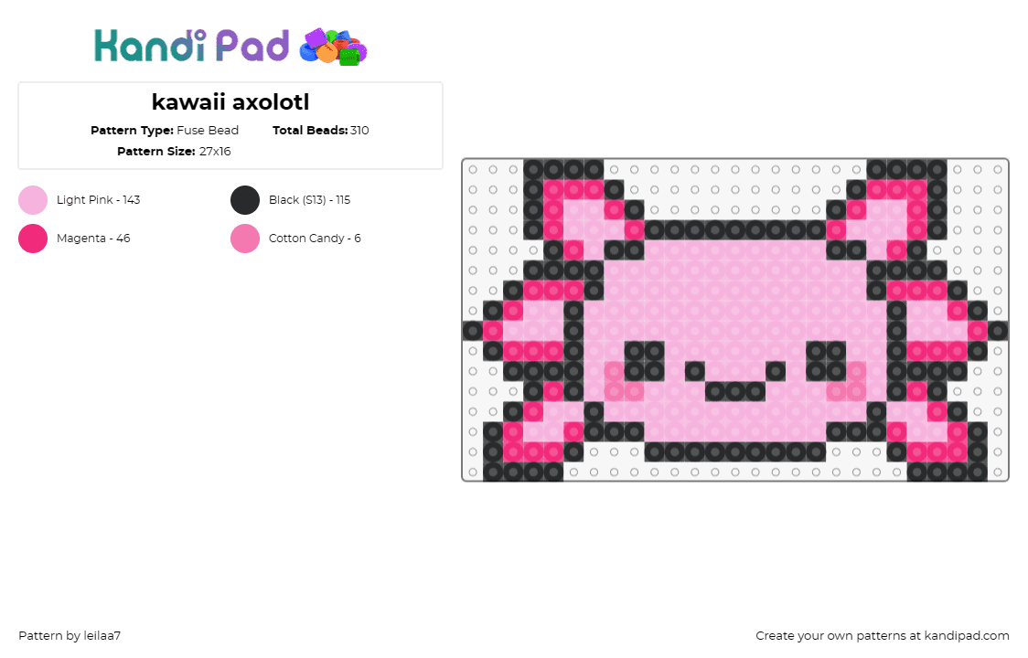 kawaii axolotl - Fuse Bead Pattern by leilaa7 on Kandi Pad - axolotl,cute,kawaii,aquatic,salamander,whimsical,pink