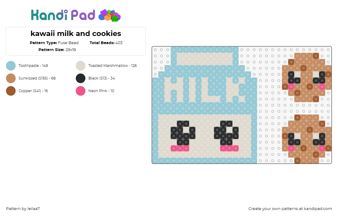 kawaii milk and cookies - Fuse Bead Pattern by leilaa7 on Kandi Pad - milk,cookies,kawaii,cute,carton,food,drink,dessert,light blue,brown