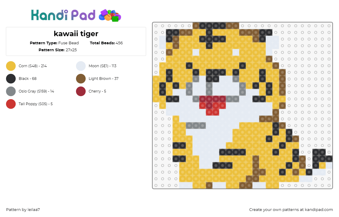 kawaii tiger - Fuse Bead Pattern by leilaa7 on Kandi Pad - tiger,cat,animal,big,tongue,wild,kawaii,cute,jungle,yellow,white