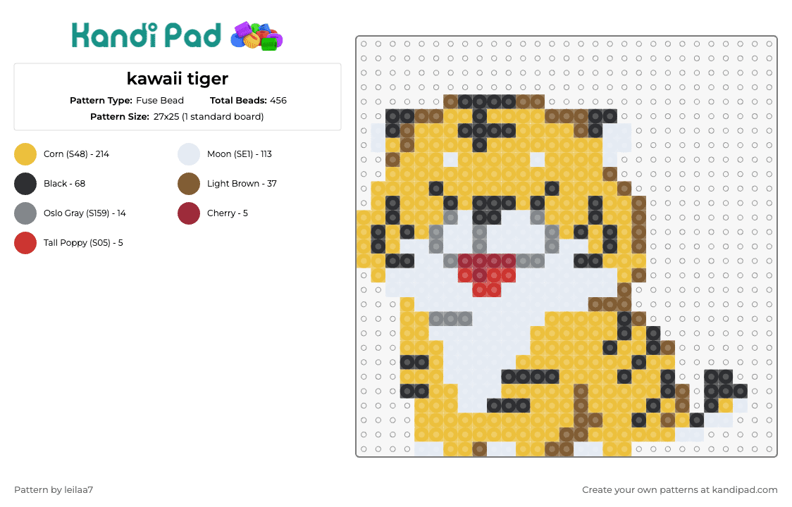 kawaii tiger - Fuse Bead Pattern by leilaa7 on Kandi Pad - tiger,cat,animal,big,tongue,wild,kawaii,cute,jungle,yellow,white