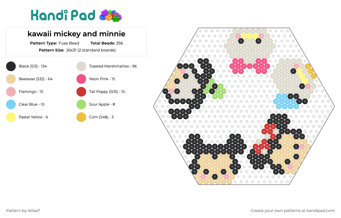 kawaii mickey and minnie - Fuse Bead Pattern by leilaa7 on Kandi Pad - mickey,minnie mouse,goofy,donald duck,disney,hexagon,characters,classic,cartoon,black,beige,white