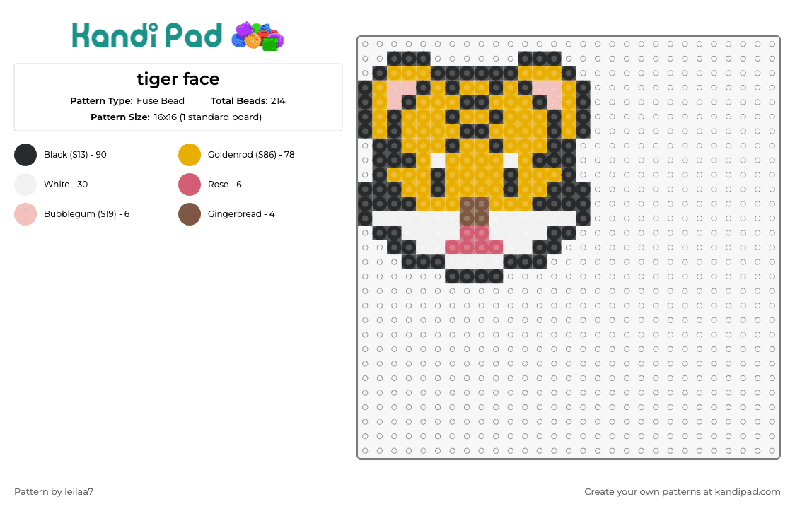 tiger face - Fuse Bead Pattern by leilaa7 on Kandi Pad - tiger,cat,animal,boldness,majestic,wild,beauty,fierceness,inspiring,orange