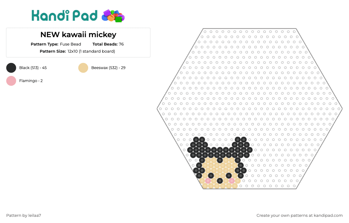NEW kawaii mickey - Fuse Bead Pattern by leilaa7 on Kandi Pad - mickey mouse,disney,hexagon,character,classic,kawaii,cartoon,black,tan