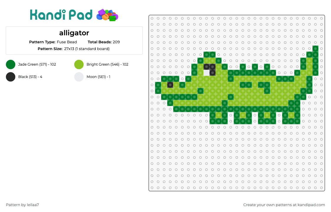 alligator - Fuse Bead Pattern by leilaa7 on Kandi Pad - alligator,crocodile,animal,reptile,wildlife,friendly,playful,green