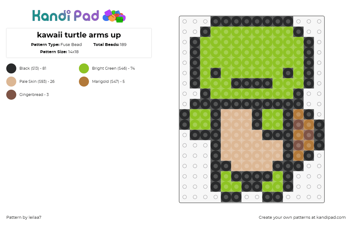 kawaii turtle arms up - Fuse Bead Pattern by leilaa7 on Kandi Pad - turtle,kawaii,cute,animal,amphibian,heartwarming,green