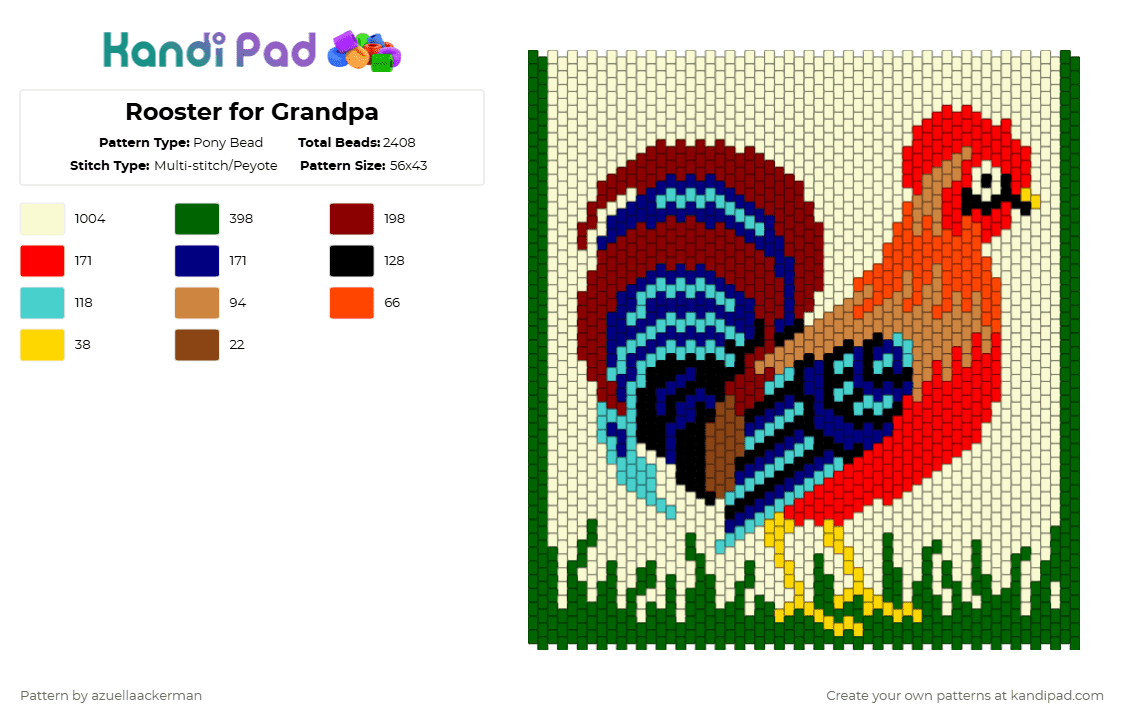 Rooster for Grandpa - Pony Bead Pattern by azuellaackerman on Kandi Pad - white,green,red