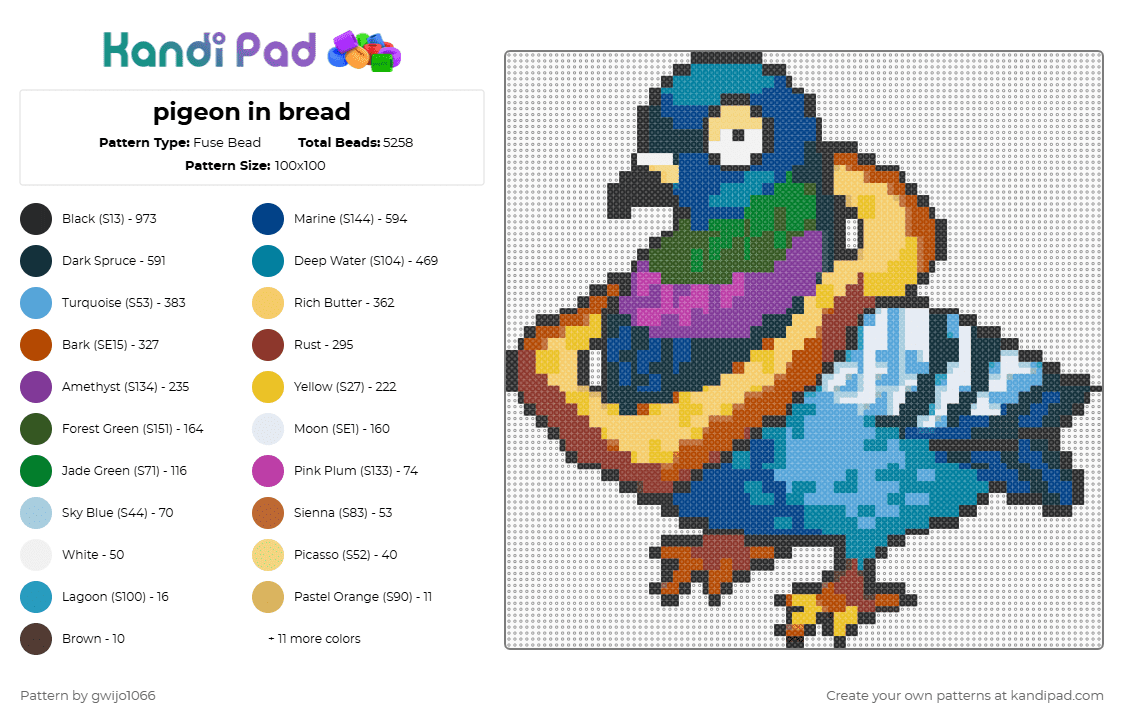 pigeon in bread - Fuse Bead Pattern by gwijo1066 on Kandi Pad - blue,yellow,red,pink,colorful