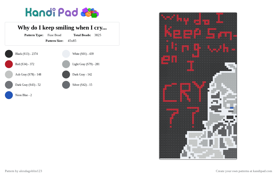 Why do I keep smiling when I cry?? (OC/JTPS LORE) - Fuse Bead Pattern by alexdagoblin123 on Kandi Pad - black, gray, red
