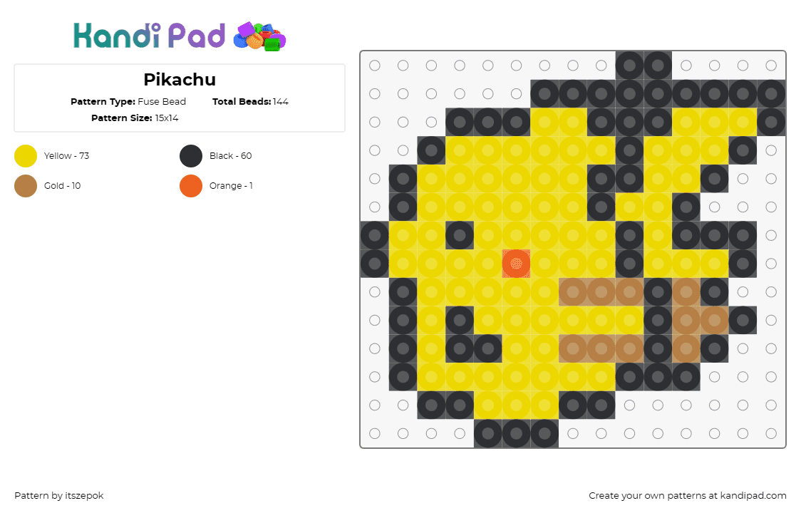 Pikachu - Fuse Bead Pattern by itszepok on Kandi Pad - pikachu,pokemon,starter,character,vibrant,cheerful,spirit,joy,yellow