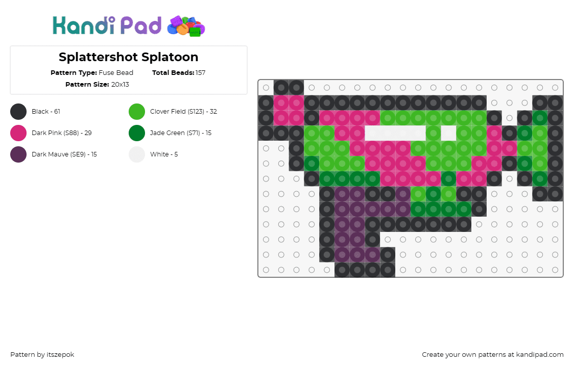 Splattershot Splatoon - Fuse Bead Pattern by itszepok on Kandi Pad - splattershot,splatoon,video game,weapon,action-packed,colorful,green