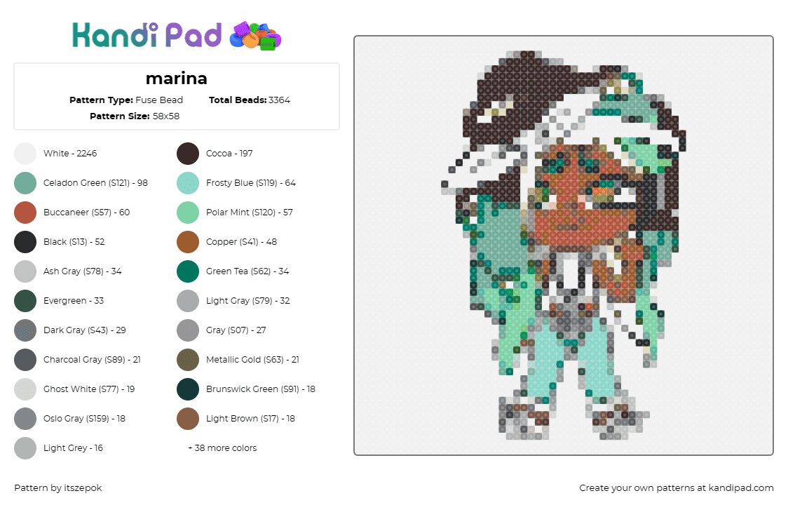 marina - Fuse Bead Pattern by itszepok on Kandi Pad - marina,splatoon,character,video game,octarian,dj,icon,teal,brown