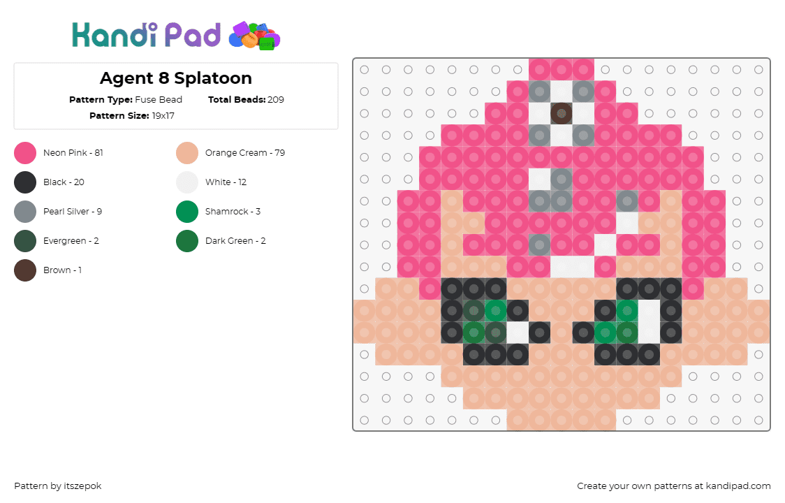 Agent 8 Splatoon - Fuse Bead Pattern by itszepok on Kandi Pad - agent 8,splatoon,video game,character,gaming,vibrant,pink,tan