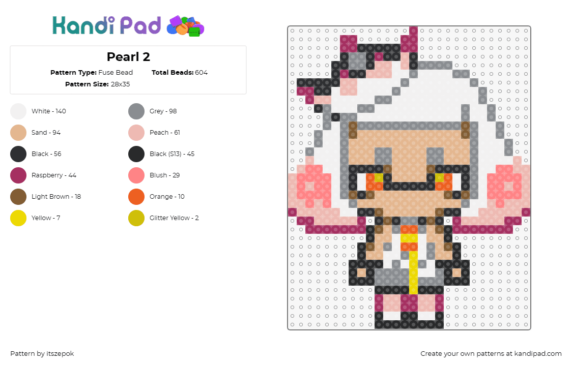 Pearl 2 - Fuse Bead Pattern by itszepok on Kandi Pad - pearl,splatoon,character,video game,pink,accents,spunky,attitude,white,pink