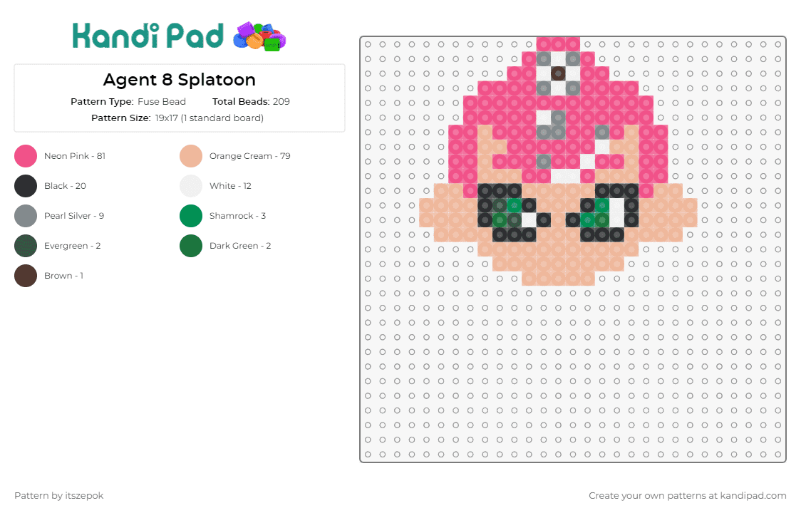Agent 8 Splatoon - Fuse Bead Pattern by itszepok on Kandi Pad - agent 8,splatoon,video game,character,gaming,iconic,vibrant,pink,tan