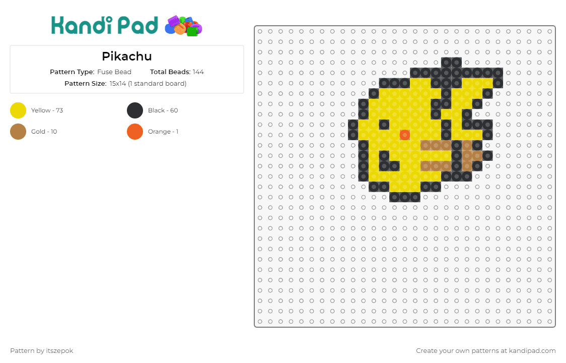 Pikachu - Fuse Bead Pattern by itszepok on Kandi Pad - pikachu,pokemon,starter,character,charming,beloved,vibrant,cheerful,spirit,joy,yellow