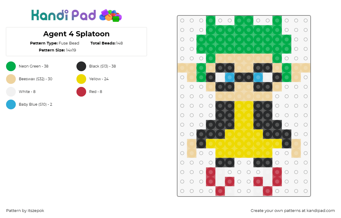 Agent 4 Splatoon - Fuse Bead Pattern by itszepok on Kandi Pad - agent 4,splatoon,video game,character,shooter,inkling,gaming,squid,green,yellow