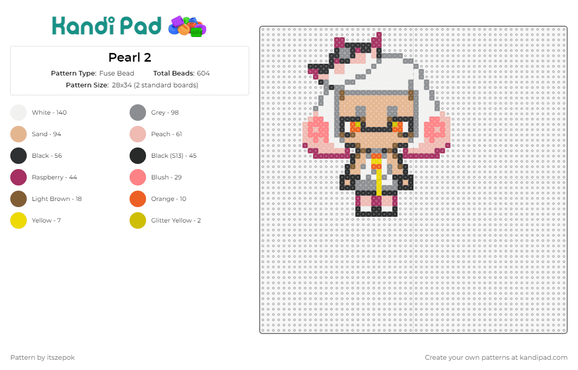 Pearl 2 - Fuse Bead Pattern by itszepok on Kandi Pad - pearl,splatoon,character,video game,pink,accents,spunky,attitude,white,pink