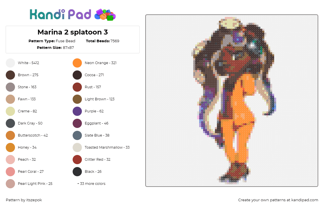 Marina 2 splatoon 3 - Fuse Bead Pattern by itszepok on Kandi Pad - marina,splatoon,video game,character,octoling,style,charisma,orange,brown