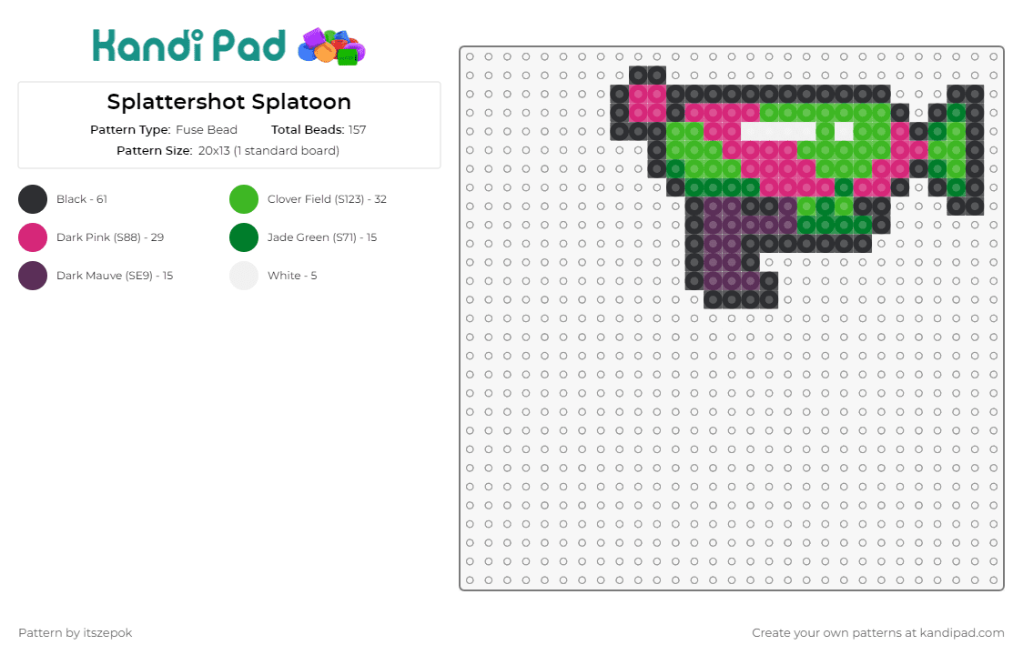 Splattershot Splatoon - Fuse Bead Pattern by itszepok on Kandi Pad - splattershot,splatoon,video game,weapon,action-packed,iconic,crafting,enthusiasts,colorful,dynamic,green