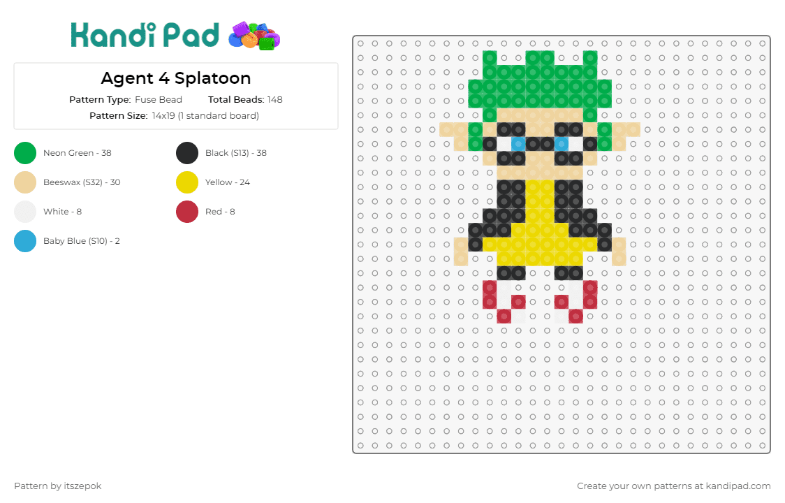 Agent 4 Splatoon - Fuse Bead Pattern by itszepok on Kandi Pad - agent 4,splatoon,video game,character,shooter,inkling,gaming,squid,green,yellow