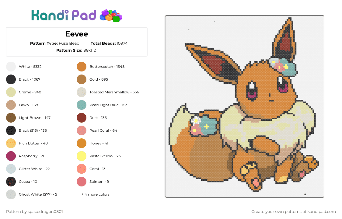 Eevee - Fuse Bead Pattern by spacedragon0801 on Kandi Pad - white,orange,tan,yellow,colorful,eevee,pokemon