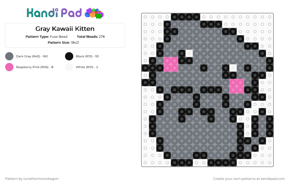 Gray Kawaii Kitten - Fuse Bead Pattern by lunathemoondragon on Kandi Pad - gray,kawaii,cute,kitten