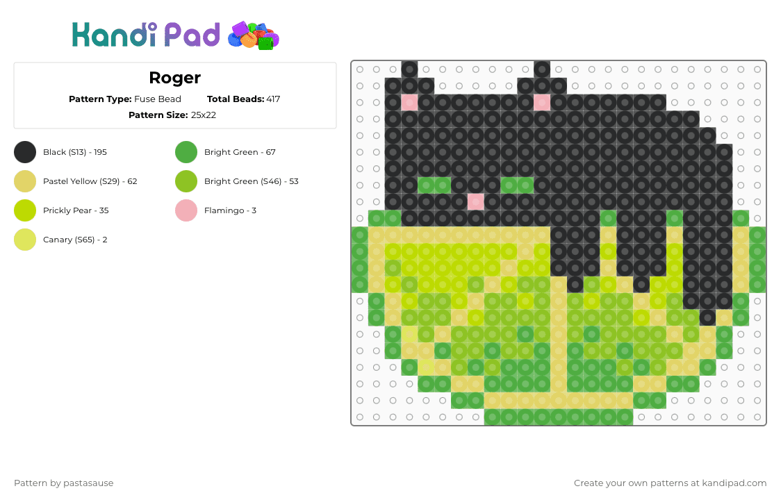 Roger - Fuse Bead Pattern by pastasause on Kandi Pad - lime,cat,sleepy,animal,green