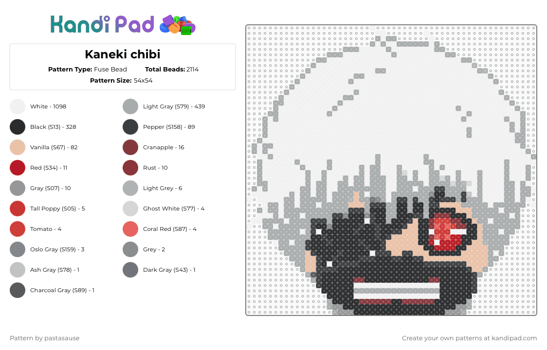Kaneki chibi - Fuse Bead Pattern by pastasause on Kandi Pad - white,gray