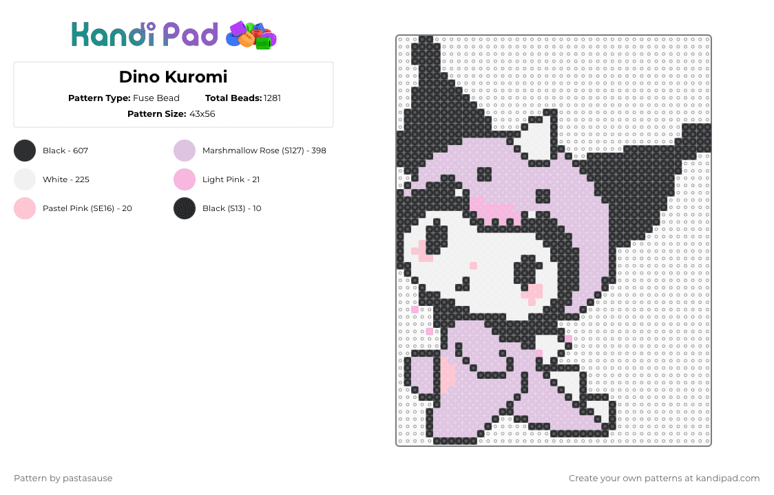 Dino Kuromi - Fuse Bead Pattern by pastasause on Kandi Pad - white,pink