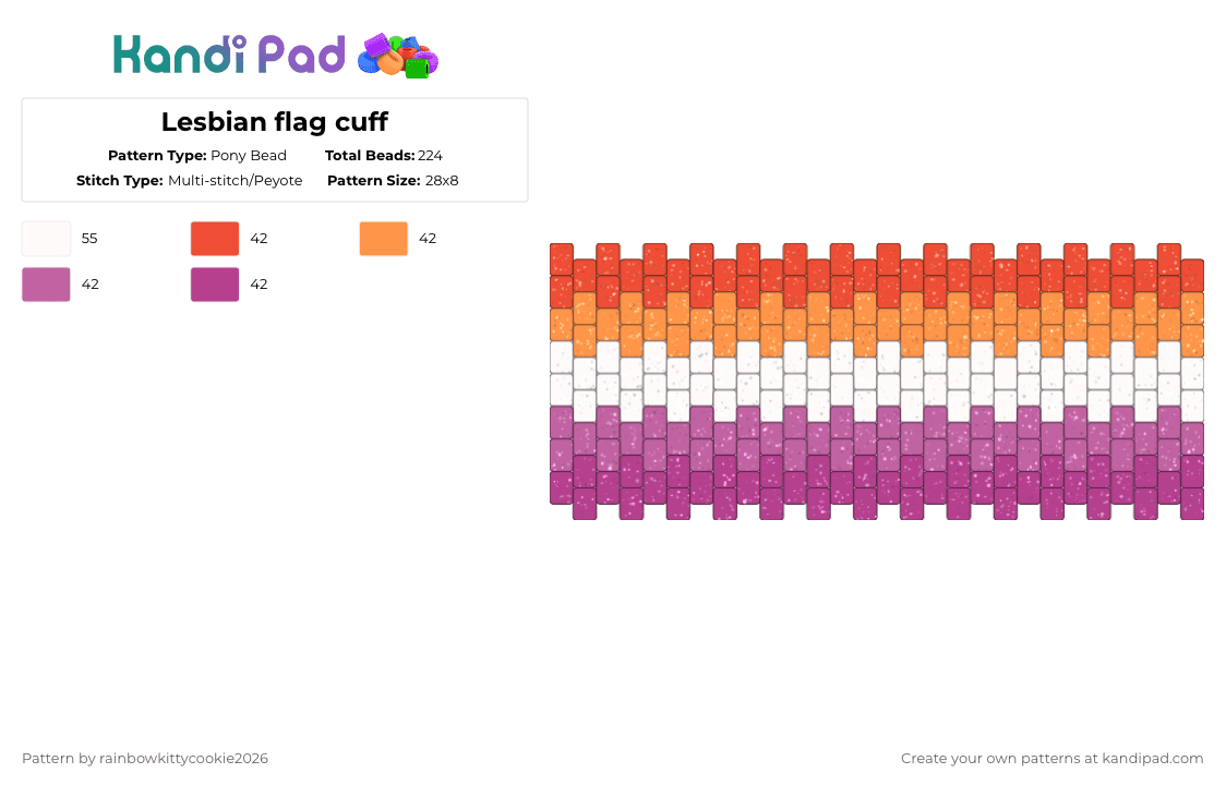 Lesbian flag cuff - Pony Bead Pattern by rainbowkittycookie2026 on Kandi Pad - pink