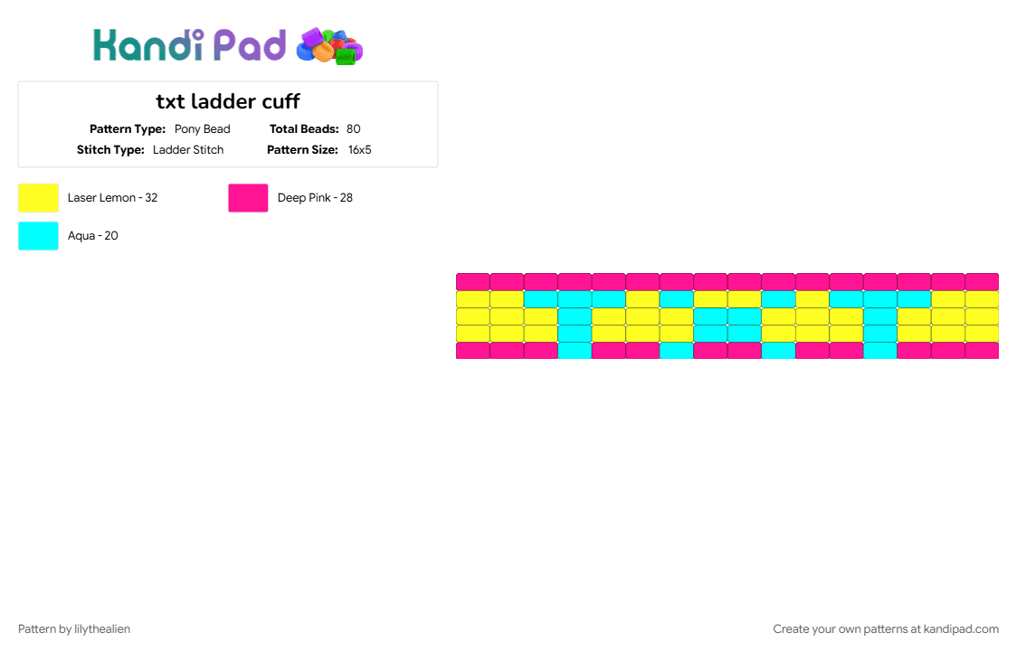 txt ladder cuff - Pony Bead Pattern by lilythealien on Kandi Pad - music, pink, teal, tomorrow x together, yellow