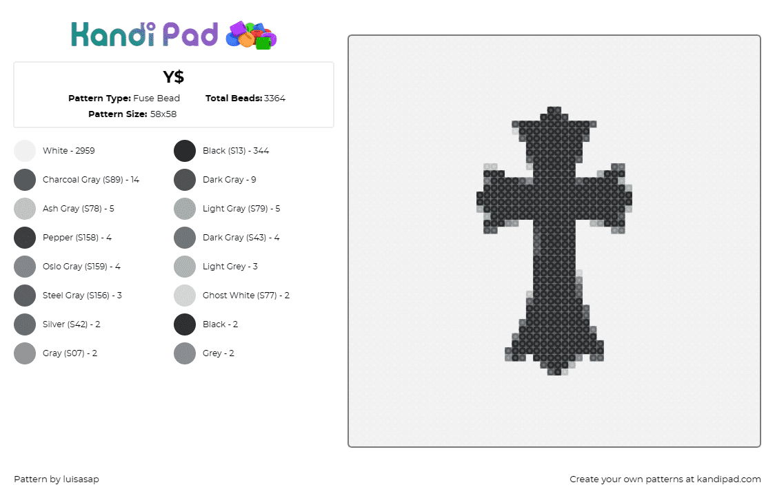 Y$ - Fuse Bead Pattern by luisasap on Kandi Pad - cross,gothic,bold,classic,mysterious,timeless,elegance,black