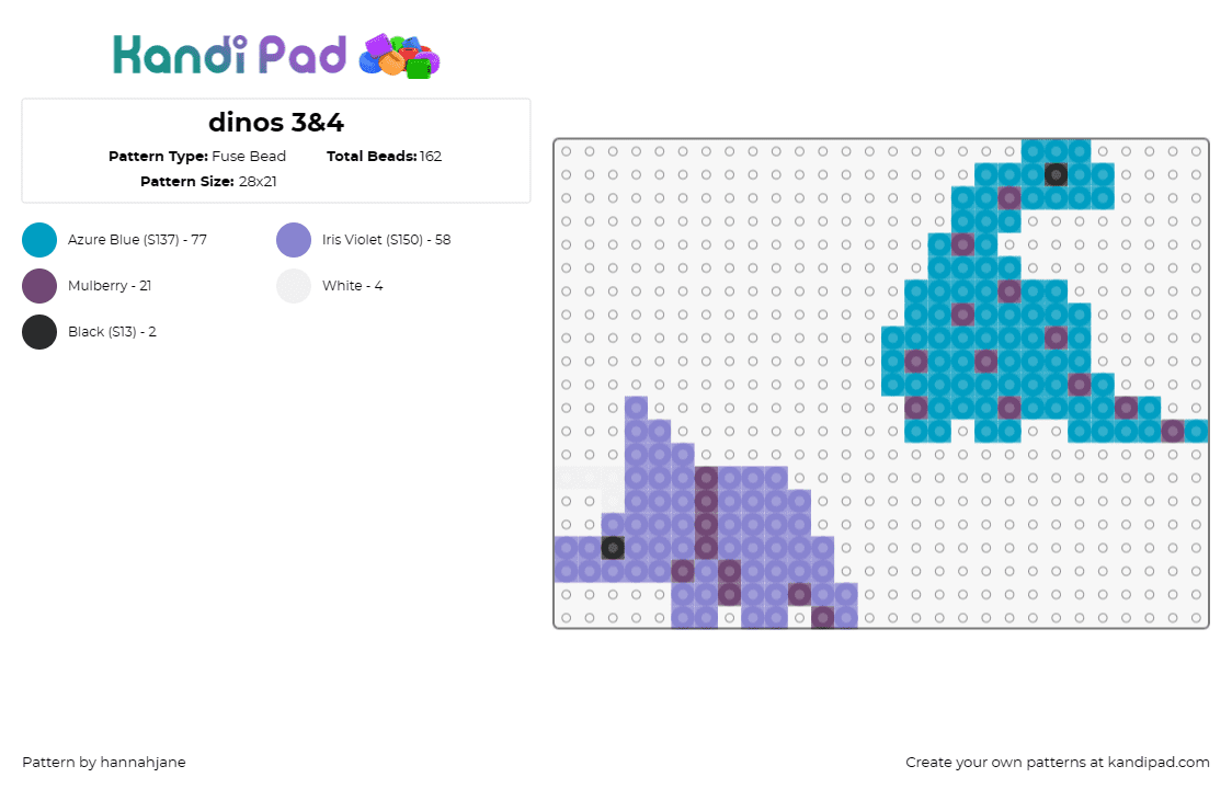 dinos 3&4 - Fuse Bead Pattern by hannahjane on Kandi Pad - dinosaurs,triceratops,ancient,prehistoric,playful,cute,companions,blue,purple