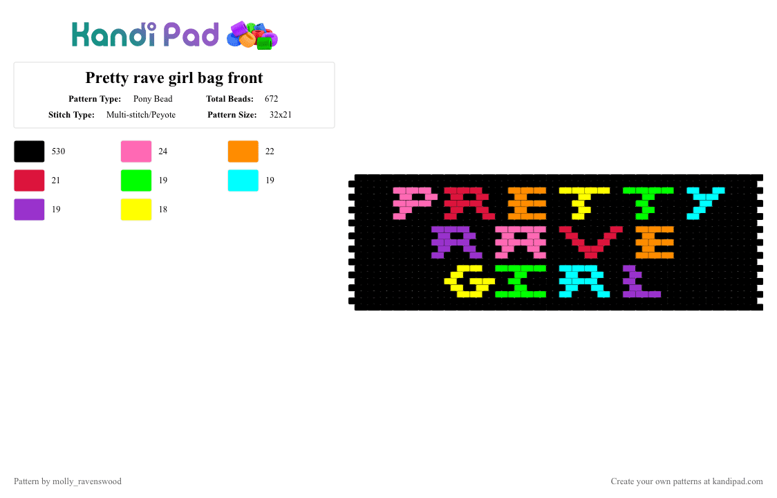 Pretty rave girl bag front - Pony Bead Pattern by molly_ravenswood on Kandi Pad - black, colorful, green, purple, red