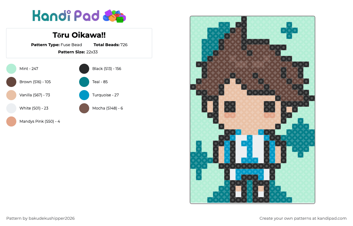 Tōru Oikawa!! - Fuse Bead Pattern by bakudekushipper2026 on Kandi Pad - light blue,brown,haikyu,toru oikawa,oikawa toru,toru,oikawa,aoba johsai high,captain and ace setter